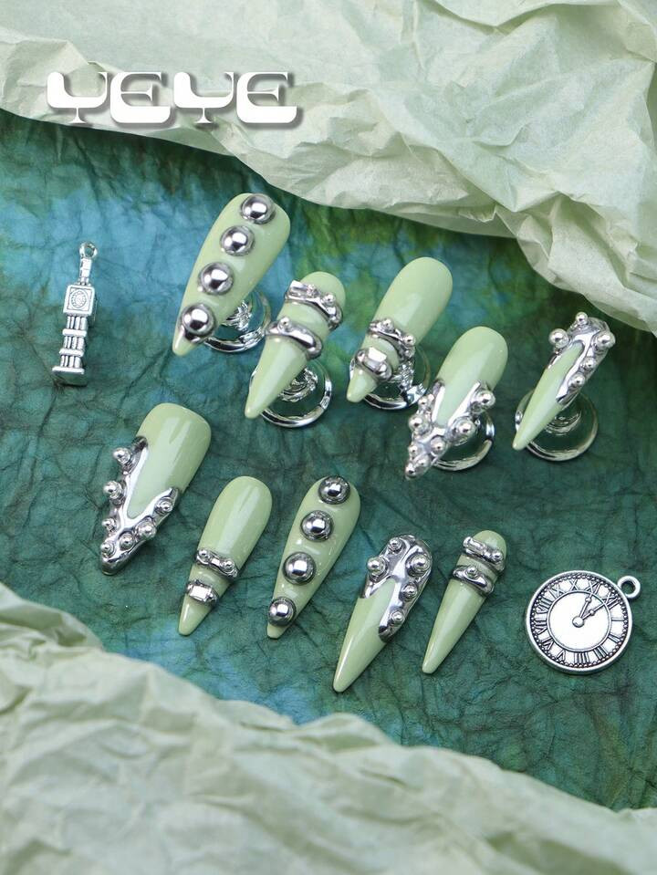 Add A Touch Of Romance With Charming 10pcs Stiletto Shape Handmade Charms Music Festival Summer Mint Green 3d Three-Dimensional Decoration Rivet Rock Style European Style Nordic Full Coverage Press On Nails Set Cool Girl Punk Saint Patrick's Day Silver Chrome Modern Full Coverage Acrylic Fake Nails Kit For Women And Girls Wedding Nails & 1pc Mini Nail File & 1 Sheet Adhesive Tabs | SHEIN