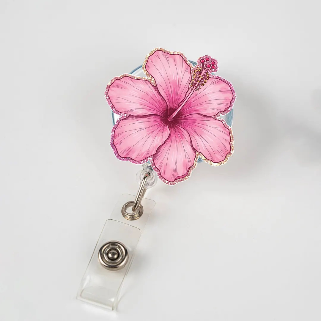 Pink Hibiscus Badge Reel, Floral ID Holder for Nurses, Tropical Retractable Name Tag, Cute Work B... | Etsy (US)