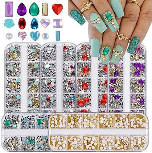 EBANKU 6 Boxes 3D Nail Rhinestones Crystals Gems Diamonds Pearl, Gold Metal Nail Charms Nail Studs N | Amazon (US)