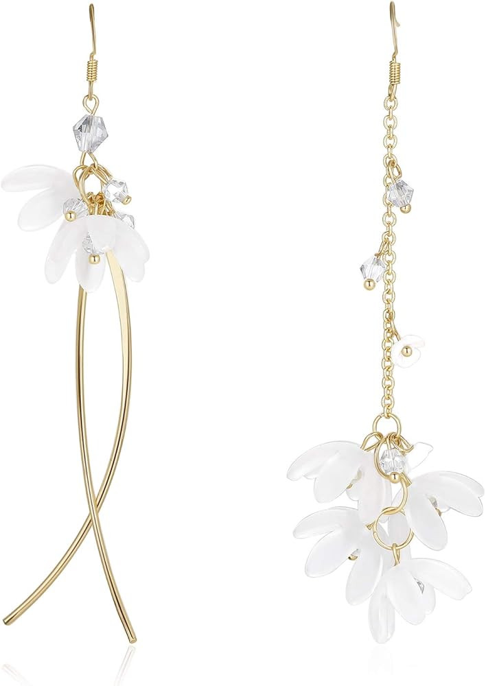 Kruckel Flower Blossom Mismatched Long Drop Dangling Earrings - Sparkly Golden Studs, Lightweight... | Amazon (US)