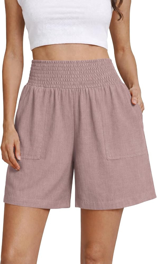OYANUS Women's Summer Linen Shorts High Waisted Wide Leg Casual Beach Vacation Lounge Elastic Waist Shorts with Pockets | Amazon (US)