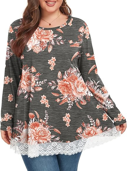 ForHailey Plus Size Shirts For Women Long Sleeve Lace Tunics Top Round Neck Loose Fit Flowy Swing... | Amazon (UK)