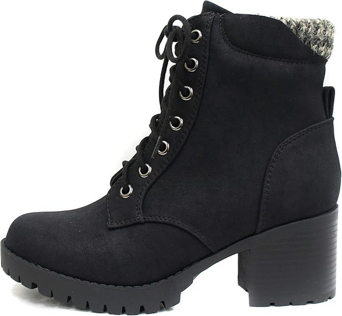 Soda Single Lug Sole Chunky Heel Combat Ankle Boot Lace up w/Side Zipper | Amazon (US)