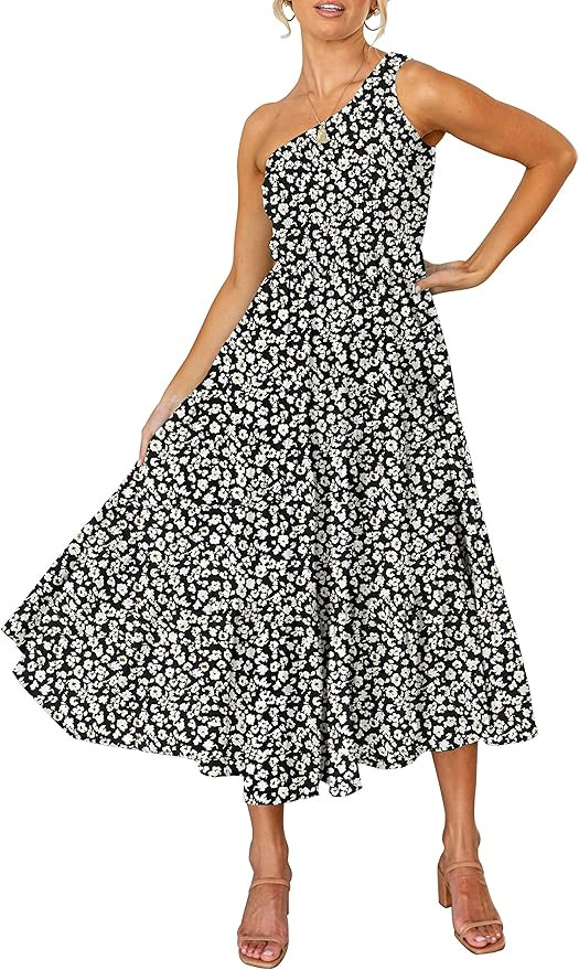 ZESICA Women's 2023 Bohemian Summer Floral Print One Shoulder Sleeveless Smocked Ruffle Tiered Be... | Amazon (US)