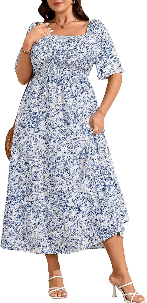 Women's 2026 Plus Size Summer Dress Short Sleeve Smocked Boho Wedding Guest Beach Vacation Floral... | Amazon (US)