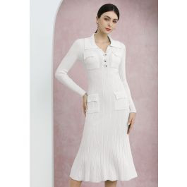 Relaxing Collared Flap Pocket Ribbed Knit Dress in White | Chicwish