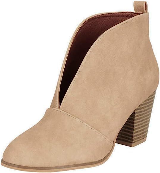 LAICIGO Womens Ruffled Ankle Booties Chunky Low Heel Cut Out Slip-on Pointed Toe Western Shoes | Amazon (US)