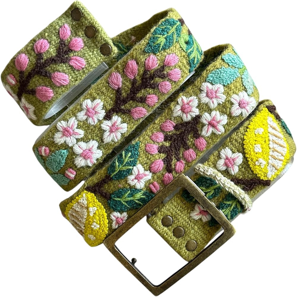 Peruvian Embroidered Flower Wool Belt, Hand Embroidered, Fair Trade - "Lemons and Leaves Belt" | Amazon (US)