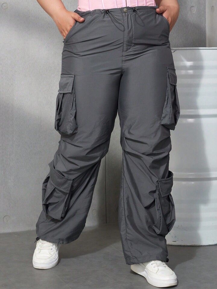Plus Street Drawstring Ruched Flap Pocket Side Cargo Parachute Pants | SHEIN