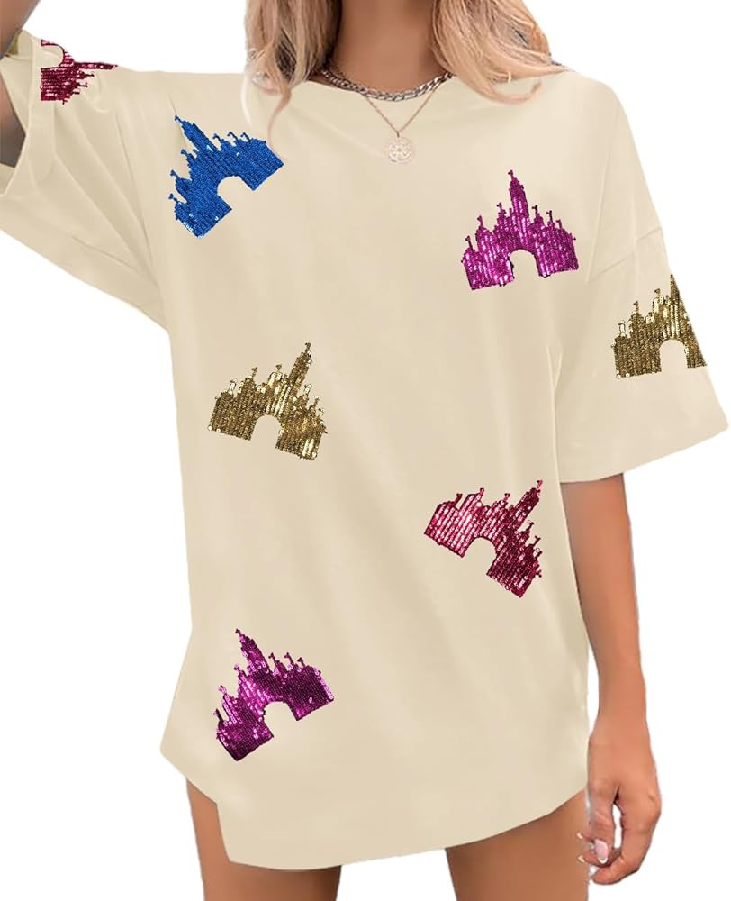Magic Kingdom Shirts for Women Sequin Top Colorful Castle Graphic Tshirt Holiday Vacation Shirt F... | Amazon (US)