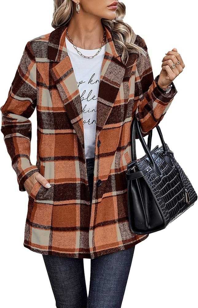 PRETTYGARDEN Women's 2024 Plaid Shacket Jacket Casual Button Wool Blend Winter Tartan Trench Coat... | Amazon (US)