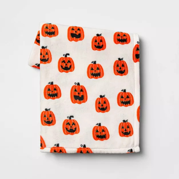 Pumpkin Printed Plush Throw Blanket Ivory/Orange - Hyde & EEK! Boutique™ | Target