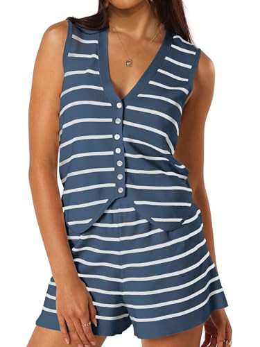 SuperPrity 2 Piece Sets for Women Summer Striped Lounge Sets Sleeveless Knit Matching Short Set Travel Beach Vacation Outfits-S,Blue Stripe | Amazon (US)