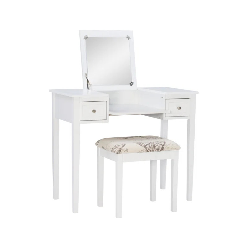 Fidelmar 36" 2-Drawer Flip Top Mirror Vanity with Butterfly Print Stool | Wayfair North America