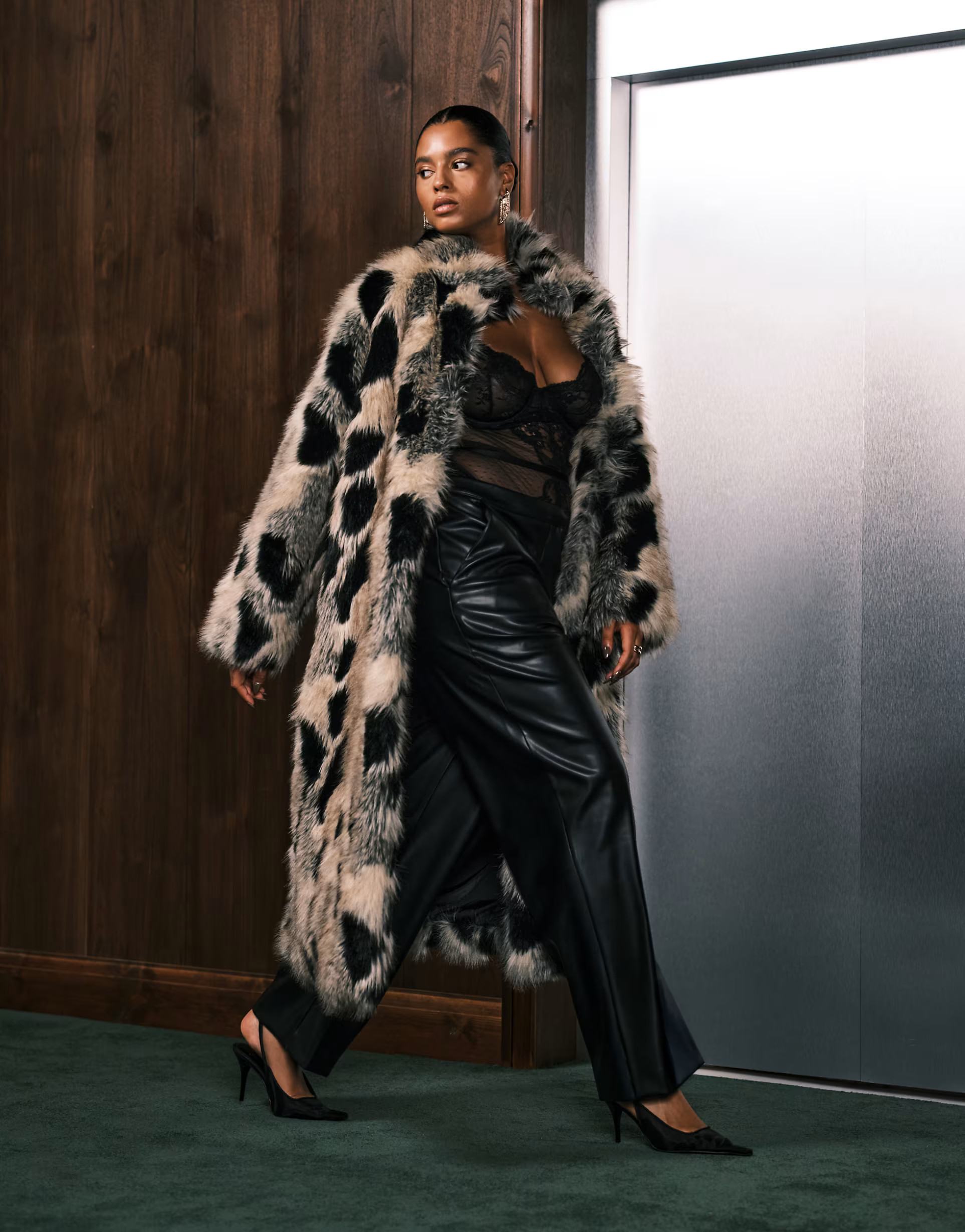 ASOS DESIGN Curve longline patch faux fur coat in oatmeal and black | ASOS | ASOS (Global)