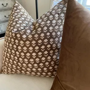 Floral Block Print Pillow Cover: Brown Cotton Farmhouse Decor - Etsy | Etsy (Global)