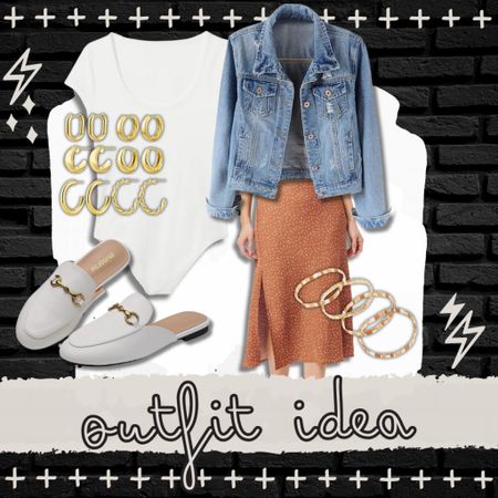 Outfit idea, gold hoops, white bodysuit, jean jacket, satin midi, slip skirt, beaded bracelets, slides, mules 

#LTKSeasonal #LTKunder50 #LTKstyletip