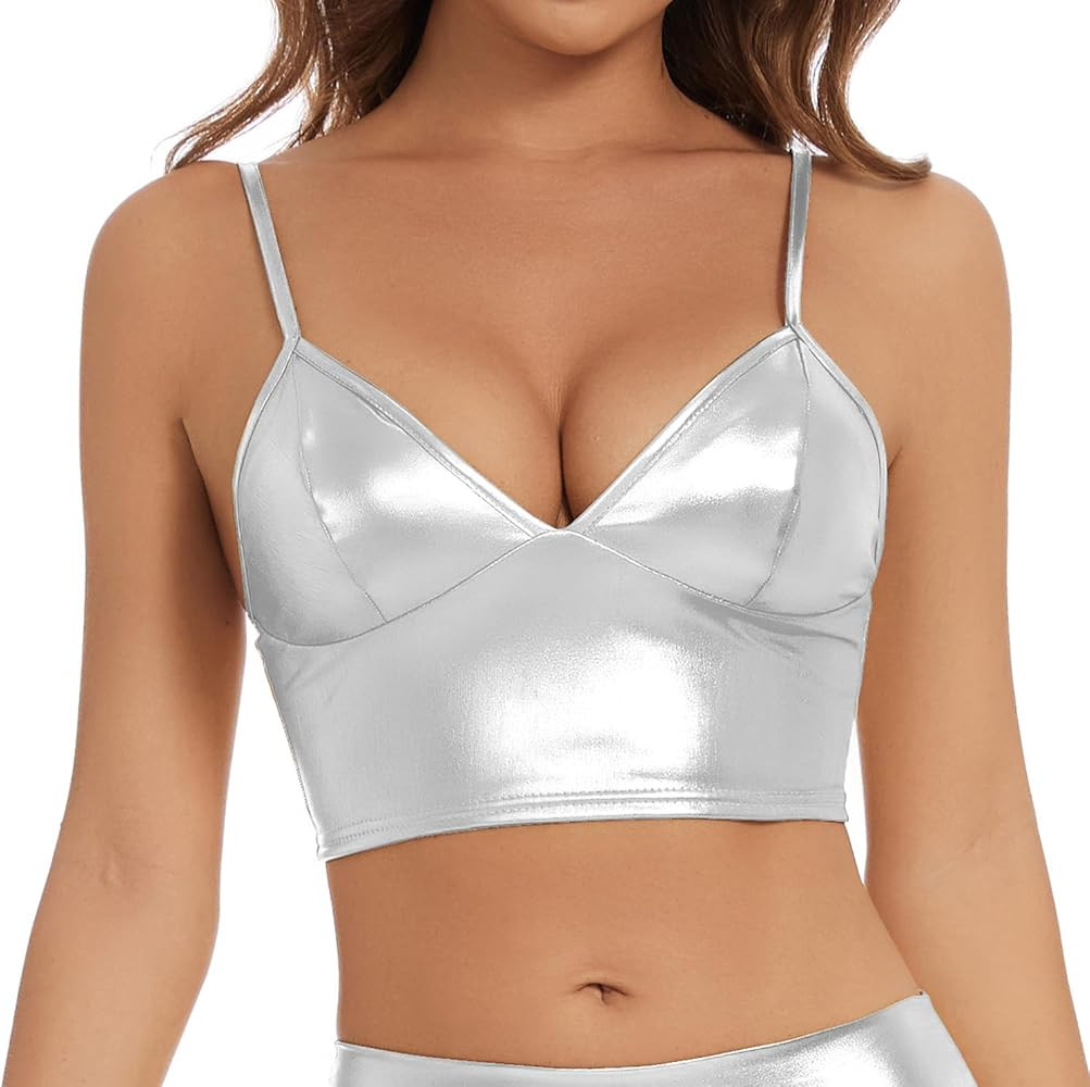 Women's Metallic Crop Tops Shiny V-Neck Tube Bra for Dancing, Raves, Festivals, Costumes | Amazon (US)