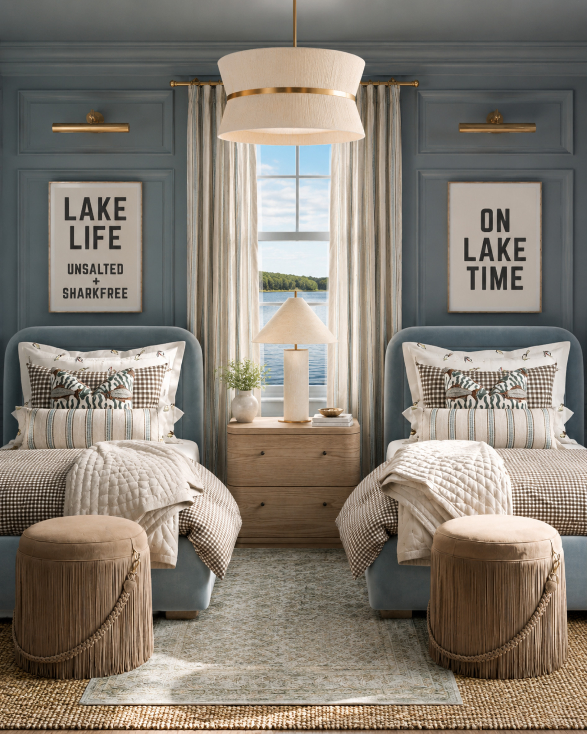 Lake house guest room, but make it polished. I love the mix of soft blue-gray walls, layered gingham bedding, striped drapery, brass lighting, and a little fringe for texture. It feels collected, cozy, and perfectly made for slow mornings by the water.

Shop the look: twin bedroom, lake house bedroom, coastal bedroom, blue bedroom, guest room decor, gingham bedding, striped curtains, brass lighting, layered rugs, lake house style.

I may receive a commission from linked items. 

 #LTKHome