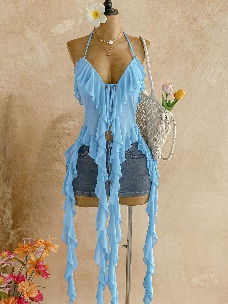 Soleia Blue Sheer Maxi Tie-Waist Asymmetric Hem Women's Spaghetti Strap Ruffle Hem Camisole Top, ... | SHEIN