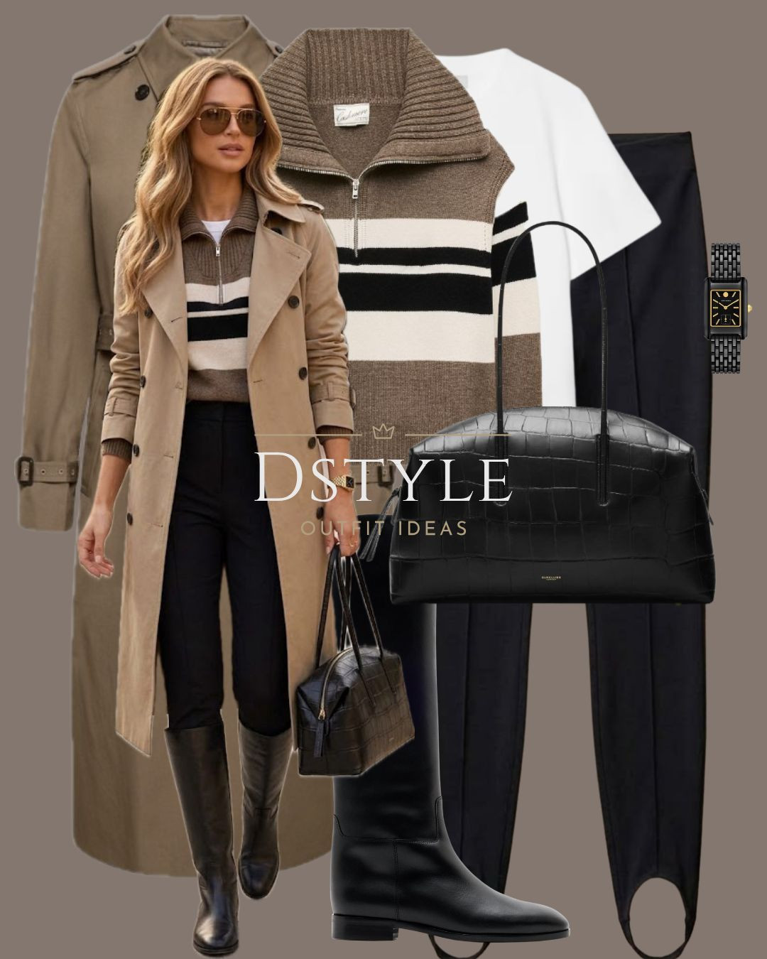 Striped quarter-zip knit, classic beige trench, black leggings, and tall riding boots. 

tags: EquestrianStyle TallBoots FallCapsuleWardrobe ClassicStyle TrenchCoat 

 #LTKootd