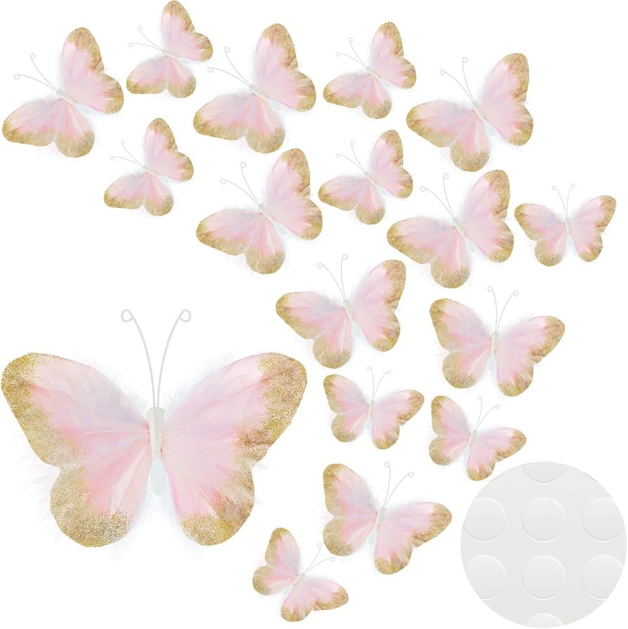 16 Pieces Feather 3D Butterfly Wall Decals Gold Glitter Butterfly Decor Stickers for Room Home Nu... | Amazon (US)