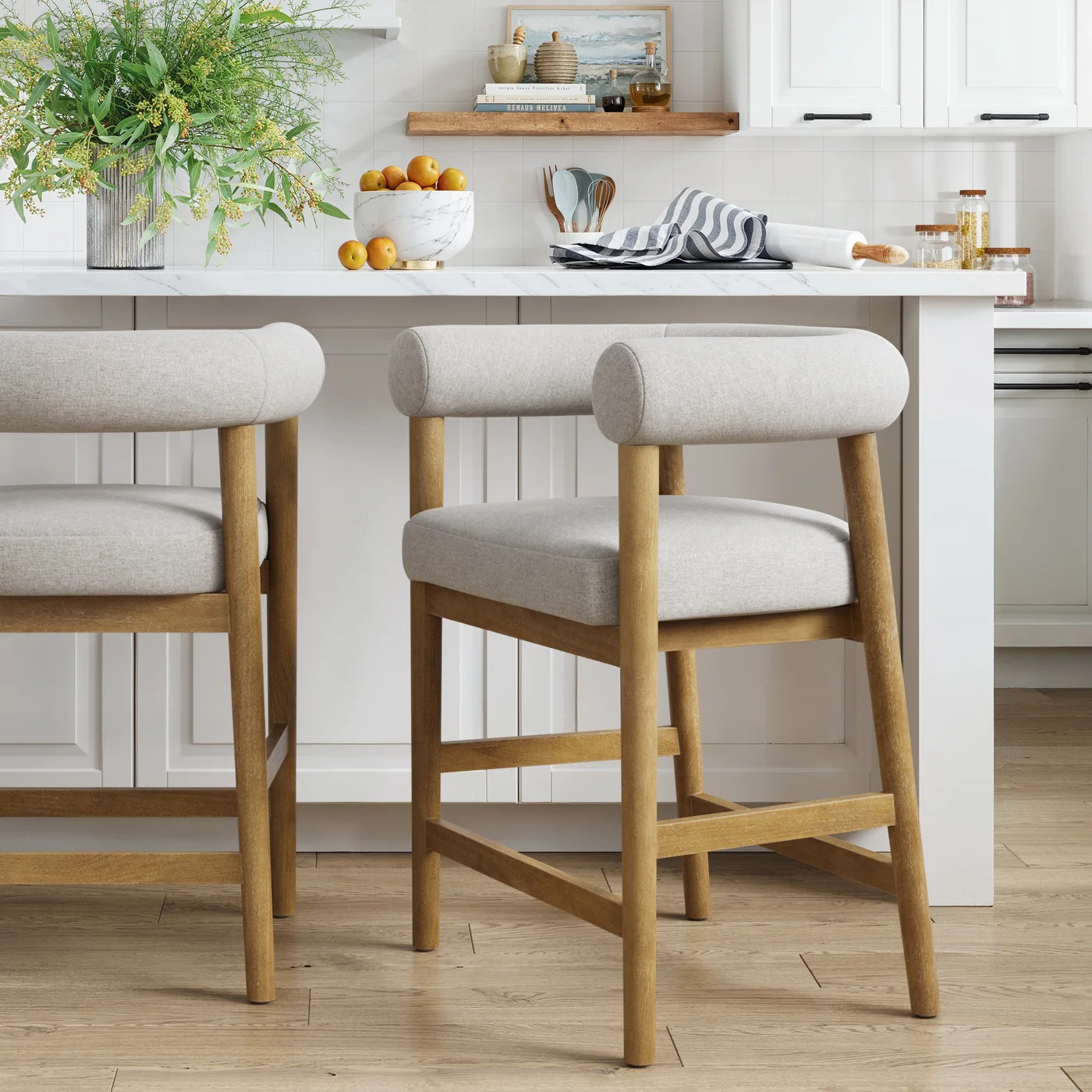 Modern Barrel Bar Stool with Curved Back Flax/Light Brown | Nathan James