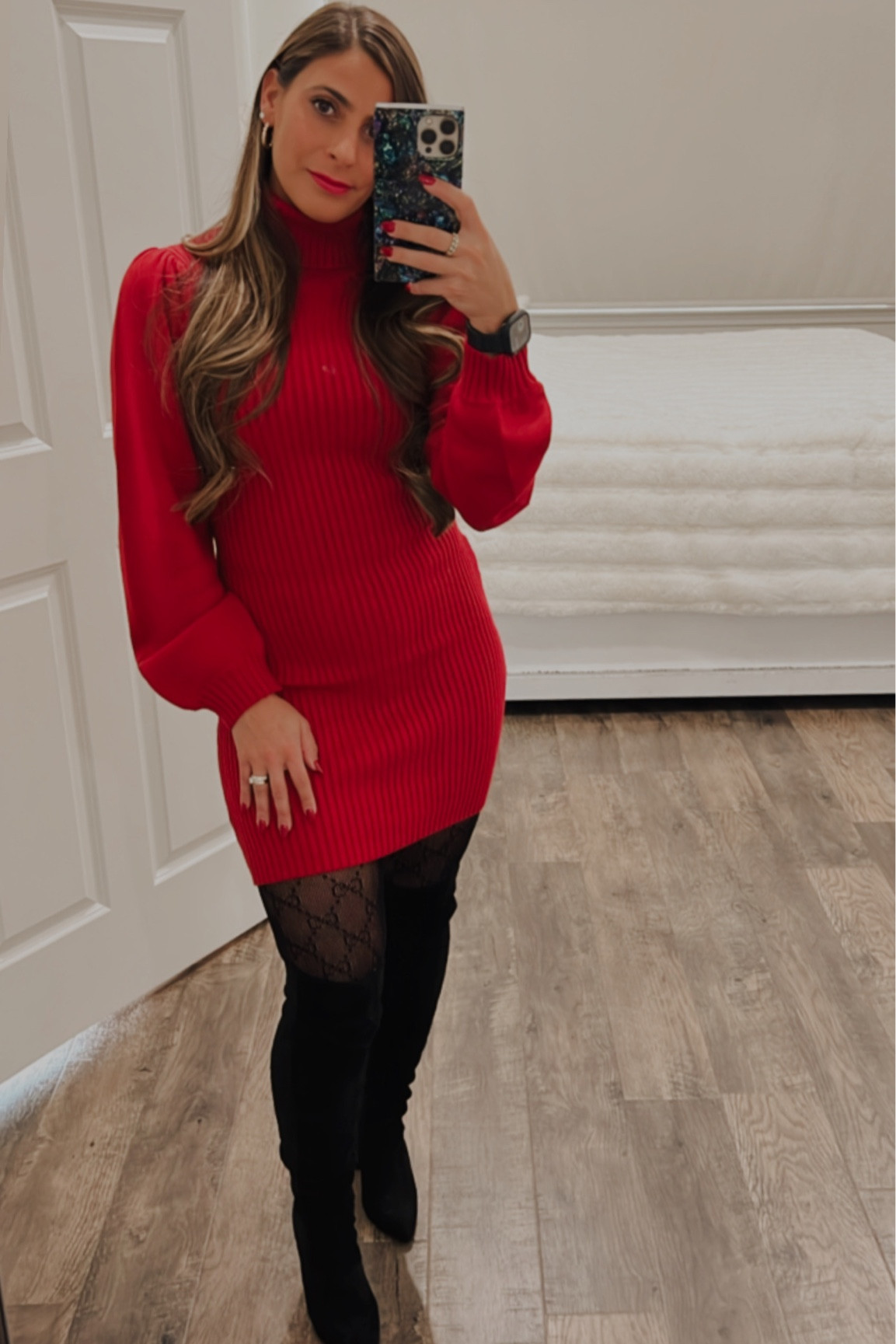 Holiday Dress that can be used all winter long! Love this red sweater dress from lulus super cute and comfy paired with Gucci stockings and black over the knee boots!
#holiday #christmas #outfit 

#LTKsalealert #LTKHoliday #LTKstyletip