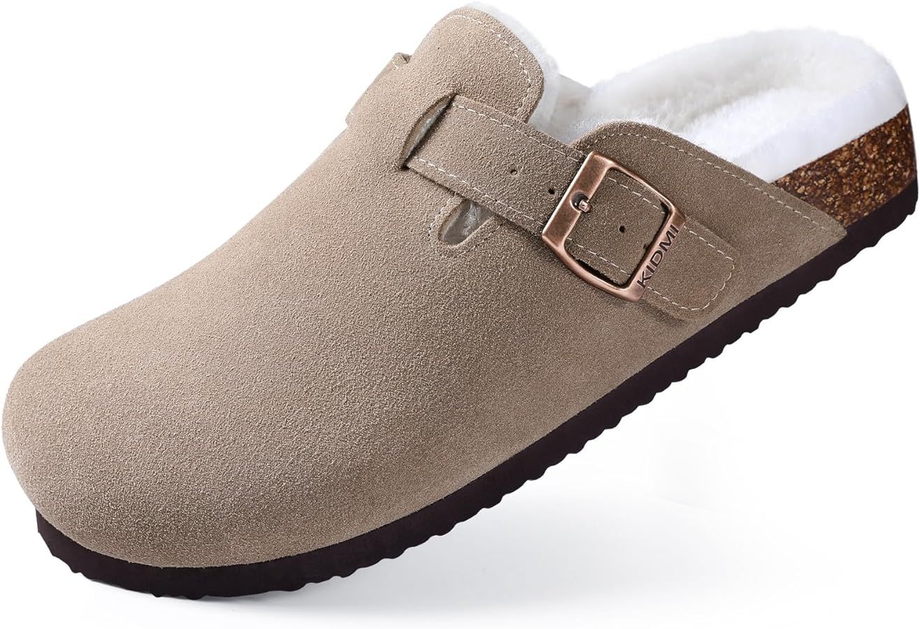 Women's Fur Lined Suede Clogs Fuzzy Cork Footbed Mules Slip On Winter Potato Shoes | Amazon (US)