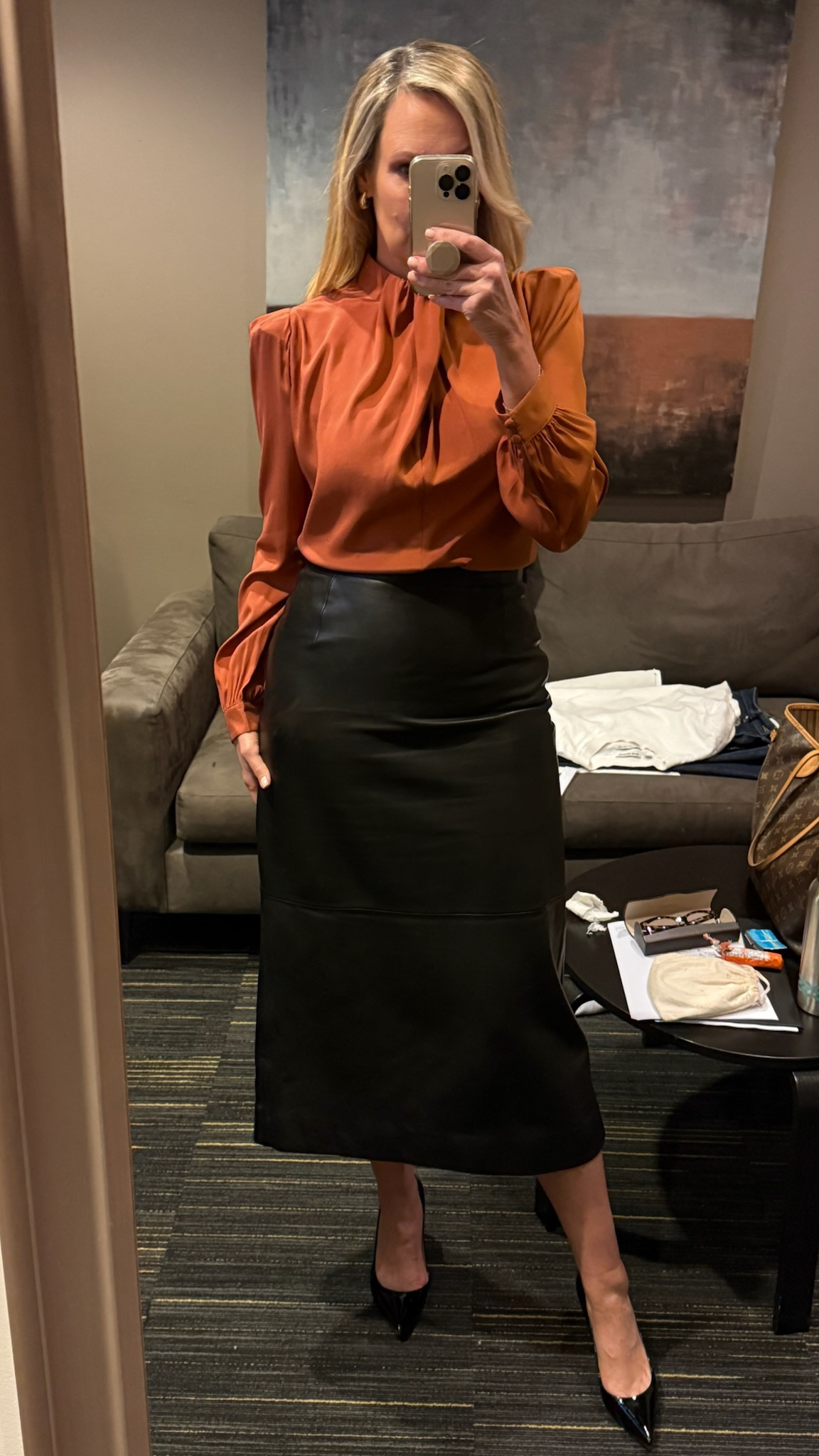 Matching the set for the season finale of House Of Wellness! Wearing a gorgeous terracotta blouse and trusty leather skirt from Scanlan Theodore. Paired with simple black pumps! 

#LTKover50style #LTKwinter #LTKaustralia