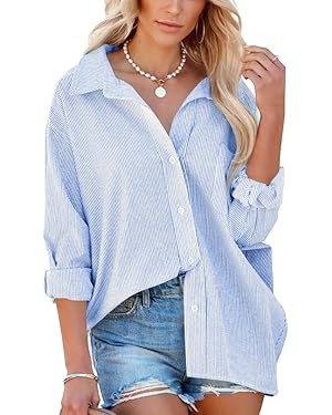 Flowyair Women's Oversized Button Down Shirts Business Casual Long Sleeve Blouse Work Striped Top... | Amazon (US)