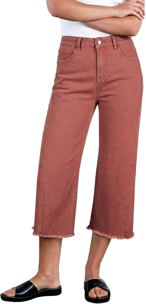 Sidefeel Women's Capri Jeans High Waisted Wide Leg Stretchy Raw Hem Side Seam Zimbaplatinum Denim... | Amazon (US)