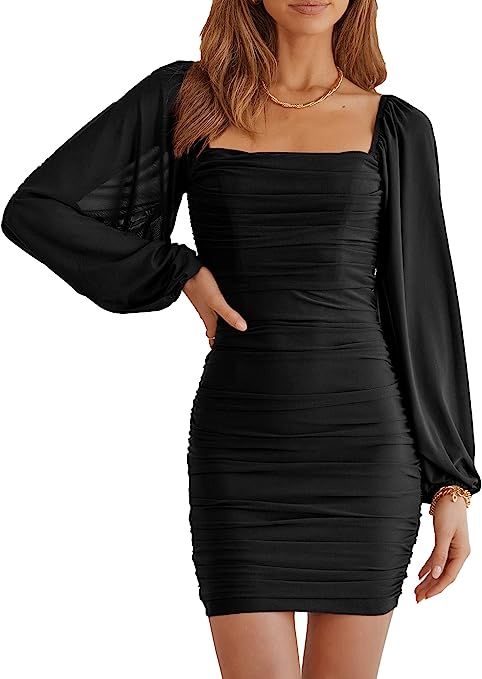 MASCOMODA Women Elegant Square Neck Lantern Long Sleeve Mini Ruched Bodycon Dress Stretch Mesh Sl... | Amazon (US)