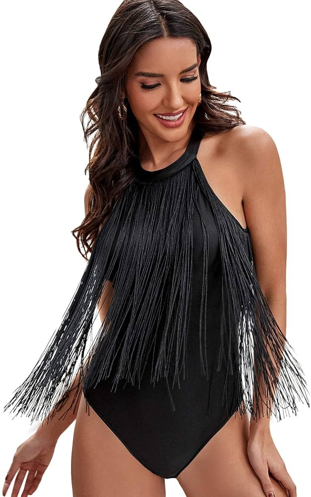 SheIn Women's Fringe Sleeveless Bodycon Bodysuit Top Solid One Piece Cami Jumpsuit | Amazon (US)