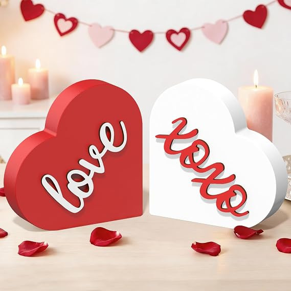 OLANRUN Valentines Day Decorations - 2 Pack Wooden 3D XOXO Love Heart Sign - 4.35 Inch Valentines... | Amazon (US)