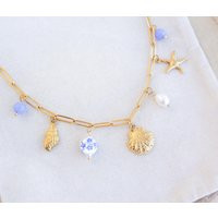 Oceanic Charm Necklace With Sea Star Starfish & Shell Pendants, Ceramic Tile Beads, Freshwater Pearl Gemstones, Handmade Jewelry | Etsy (US)