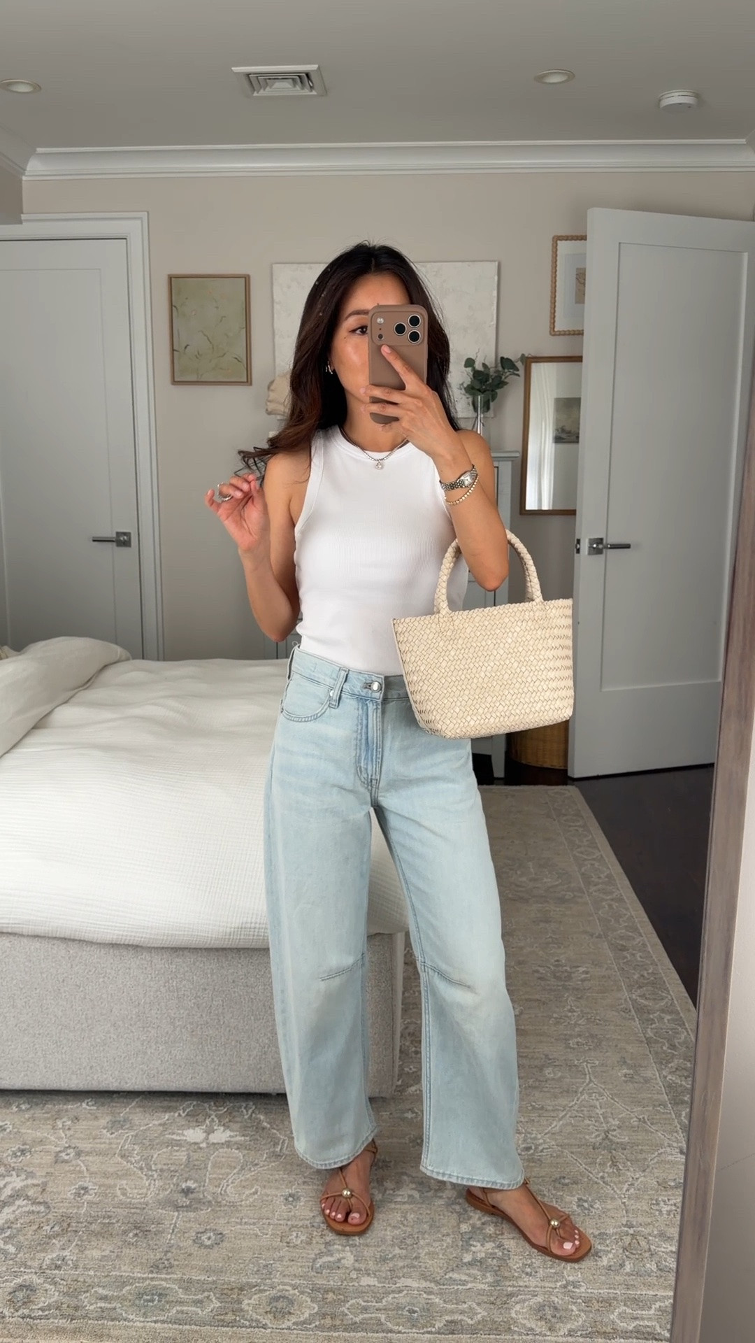 On sale! Sizing below. 
• Madewell subtle barrel jeans in Airy Denim 23 short, sized down. petite friendly length, mid high rise  
• Essential rib tank XXS 
• Woven mini tote 
• Loeffler Randall sandals 5.5 

Easy summer outfit, mom style, petite friendly jeans

#LTKPetite #LTKSeasonal #LTKootd