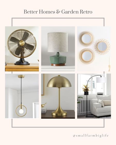 Better Homes and Garden retro home decor at Walmart. Vintage inspired. 12-inch vintage black oscillating table fan. Table lamp with wood base. Black metal arc floor lamp. 3 piece natural faux woven wicker round mirror set. Brass metal dome touch table lamp. Open circle gold finish pendant light  

#LTKhome