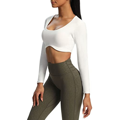 Aoxjox Long Sleeve Crop Tops for Women Define Sculpt Workout Cropped T Shirt Top (White, Small) | Amazon (US)