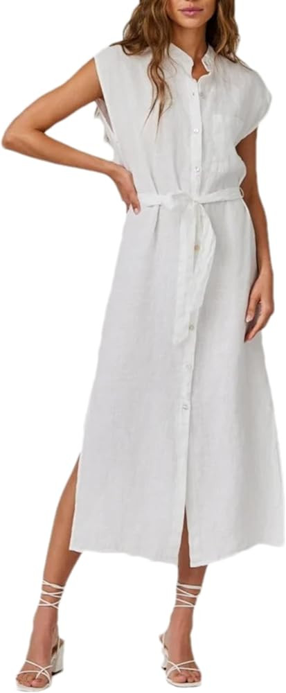 Womens Sleeveless Stand Collar Midi Dress Button Front Waist Belt Tie Side Slit Pocket Casual Sum... | Amazon (US)