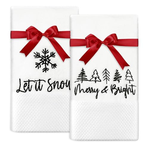 AnyDesign 2 Pack Christmas Hand Towels Cotton Embroidered Xmas Tree Snowflake Bathroom Towel with Red Ribbon Decorative Dish Towel for Hand Drying Cleaning Cooking Gift, 29.5 x 13.7 Inch | Amazon (US)