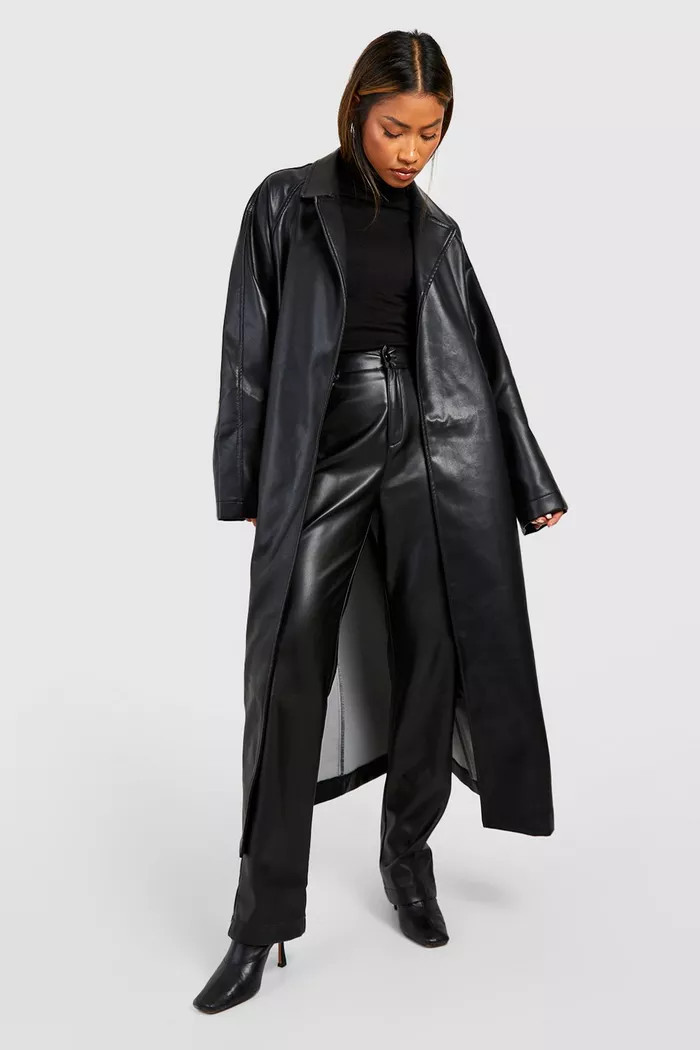 Oversized Faux Leather Belted Trench Coat | boohoo (US & Canada)