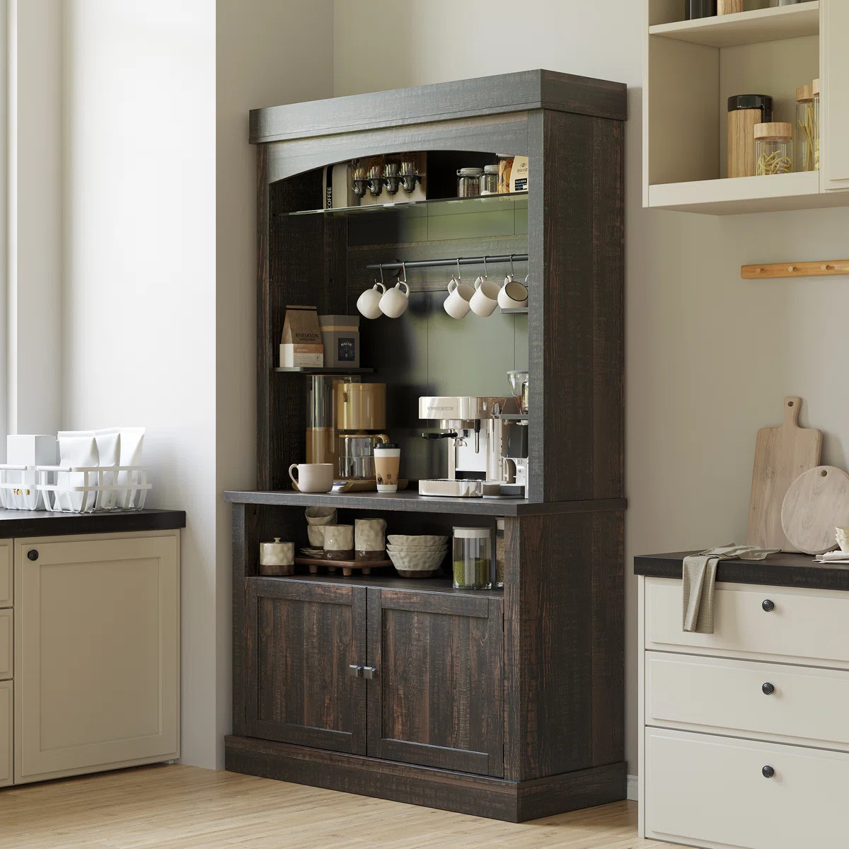 Farmhouse Coffee Bar Hutch with 3-Color LED Lights – Wood Buffet Cabinet with Wine Glass Rack, Kitchen Pantry Storage Cabinet for Living Room, Dining Room (Dark Oak) | Wayfair North America