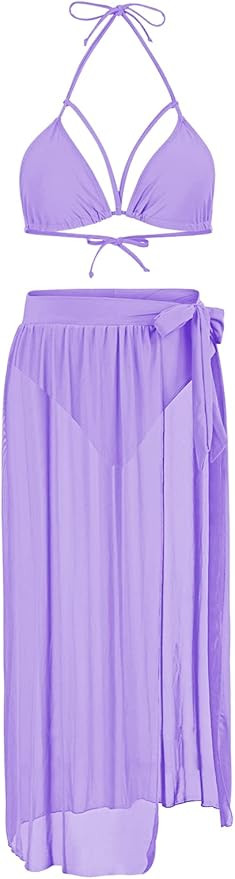 Kisscynest Women's Halter Neck Cut Out 3 Pieces Swimwear with Mesh Maxi Skirt | Amazon (US)