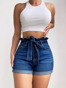 Paperbag Waist Roll Hem Belted Denim Shorts
   SKU: sw2205256068240303      
          (20 Review... | SHEIN