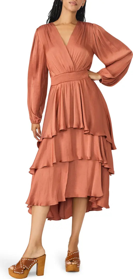 Steve Madden Bei Long Sleeve Tiered Satin Midi Dress | Nordstrom | Nordstrom