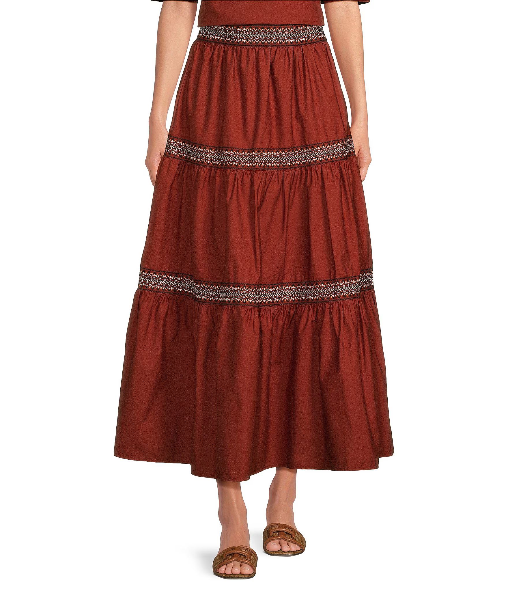 Woven Embroidered Trim Tiered A-Line Coordinating Maxi Skirt | Dillard's