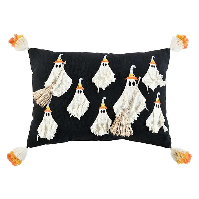 Embroidered Dancing Ghosts Textured Throw Pillow with Tassels, 14x20 | At Home