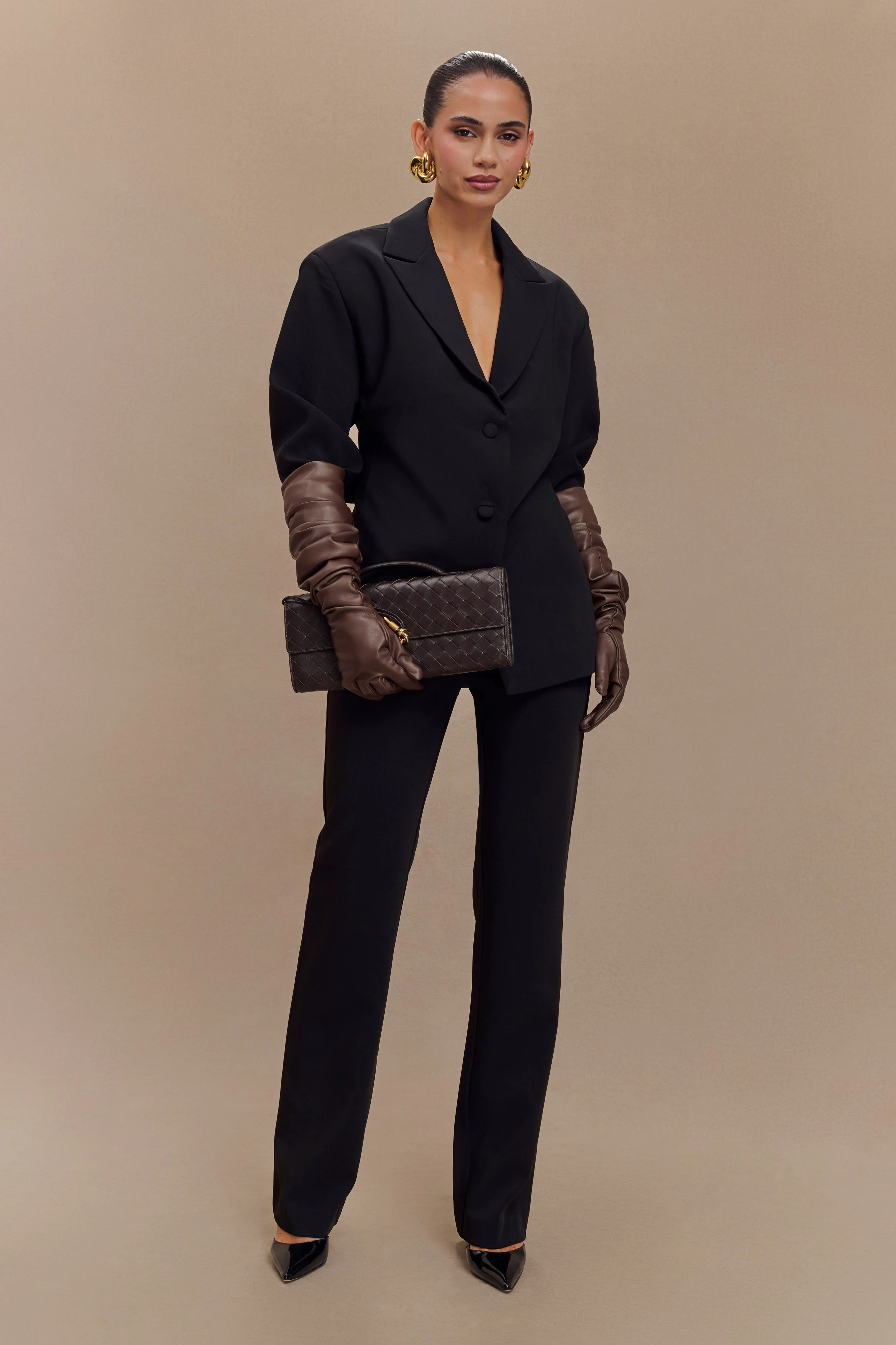 Jasper Faux Leather Elbow Length Gloves - Dark Chocolate | MESHKI US