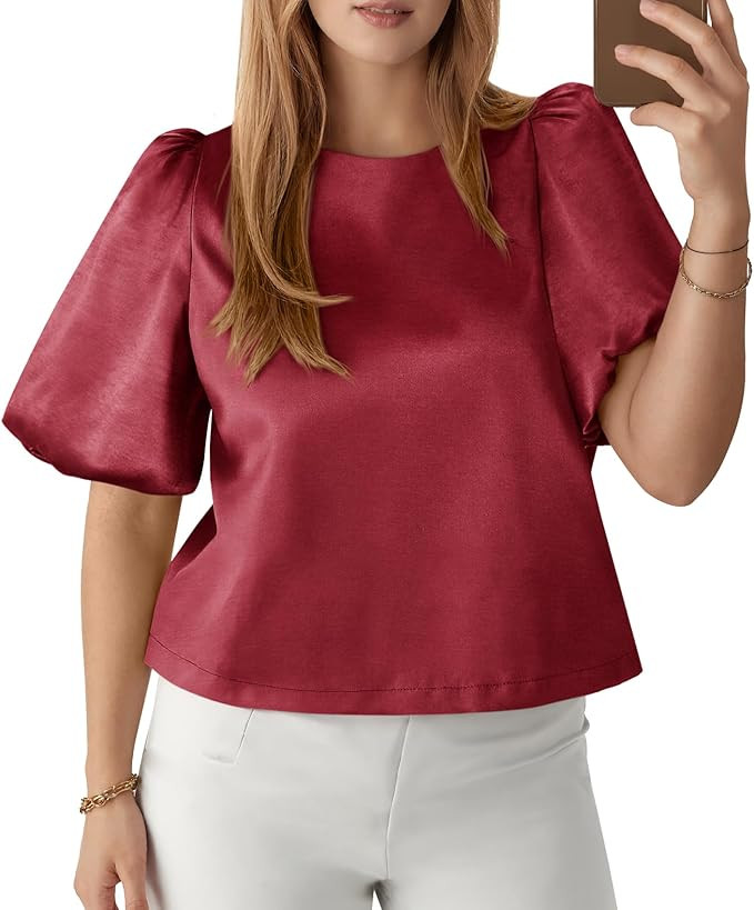 Tankaneo Womens Satin Silk Blouses Puff Short Sleeve Dressy Casual Tops Loose Fit Crew Neck Cropp... | Amazon (US)